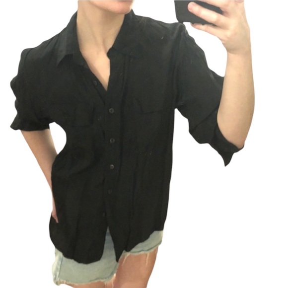 Vintage Joanna Black Silky Relaxed Long Sleeve Button Down Top Shirt Blouse M - Picture 4 of 16